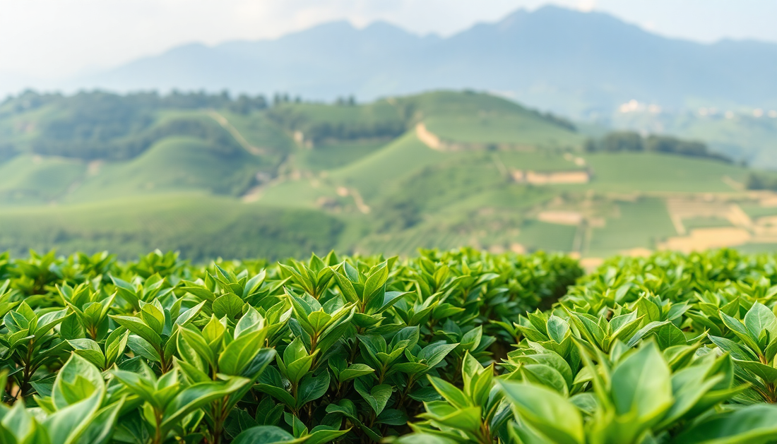 Tea leaves being grown in a mountain field