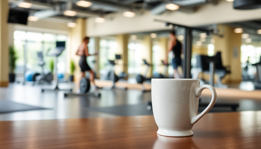 tea mug on a table in the forefront with a gym health setting in the rear our of focus